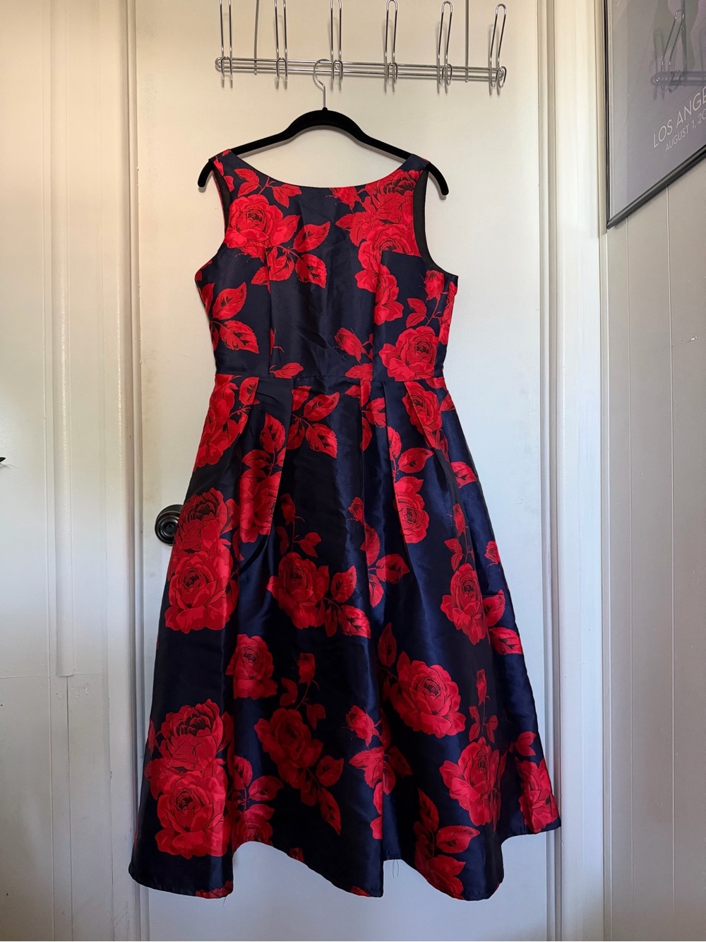 Chicwish Red Rose Print Fit-and-Flare Midi Dress - Navy